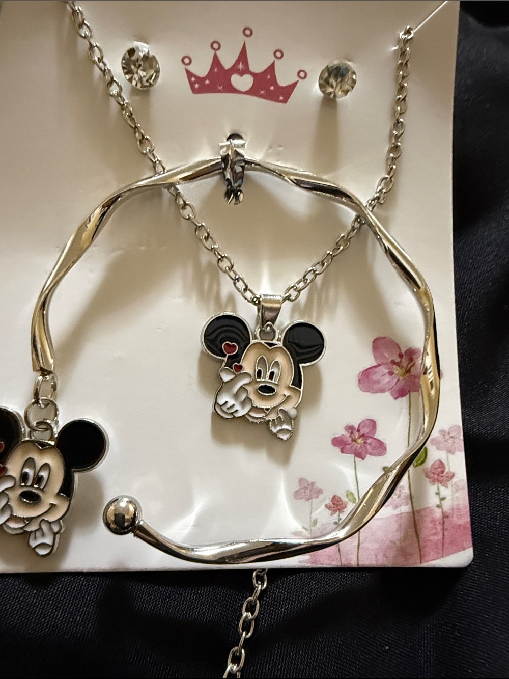 Silver Kids Mickey Mouse Necklace and Bracelet Set